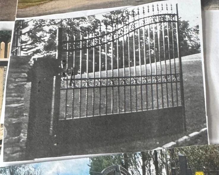 Arched black iron driveway gate with decorative pickets