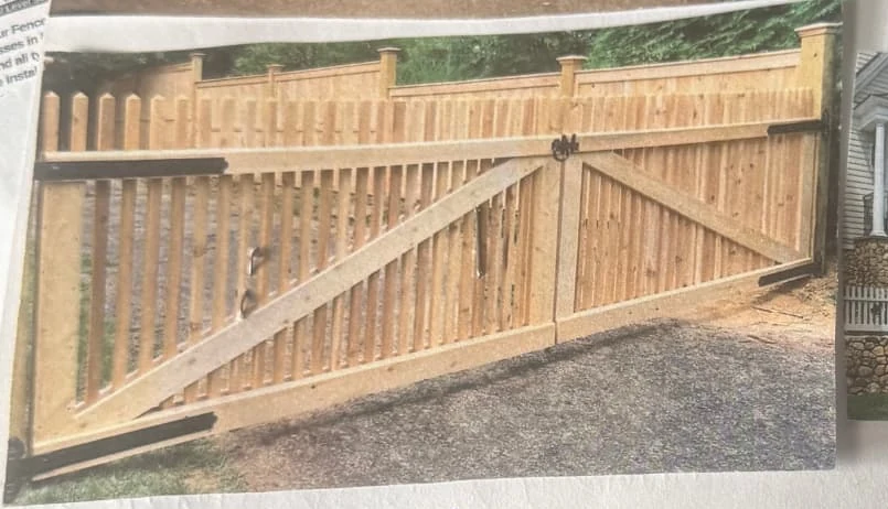 Natural cedar double driveway gate with spindle top